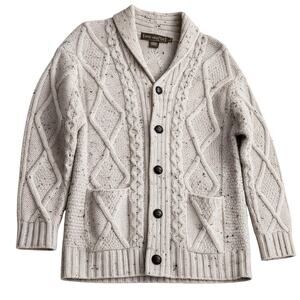 Inis Crafts Cable Knit Cream Cardigan 100% Wool Irish Button Front Womens Med